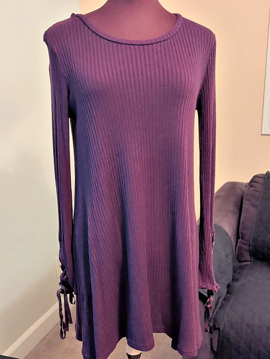 Soft & Sexy Dresses & Skirts - Soft & Sexy Ribbed Lace-Up Sleeve Mini Dress in Purple Size Small